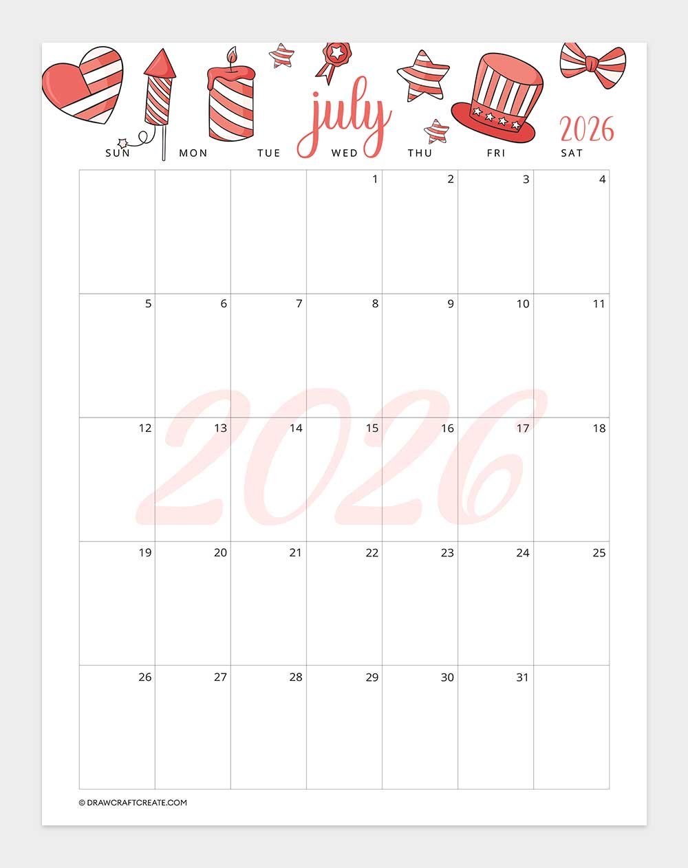 printable july 2026 calendar vertical