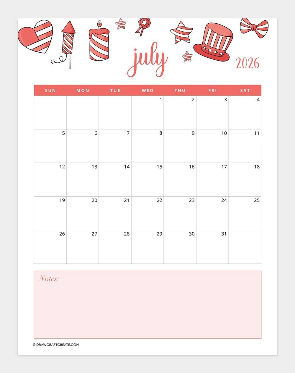 printable july 2026 calendar vertical