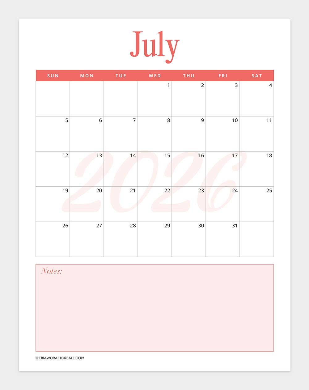 printable july 2026 calendar vertical