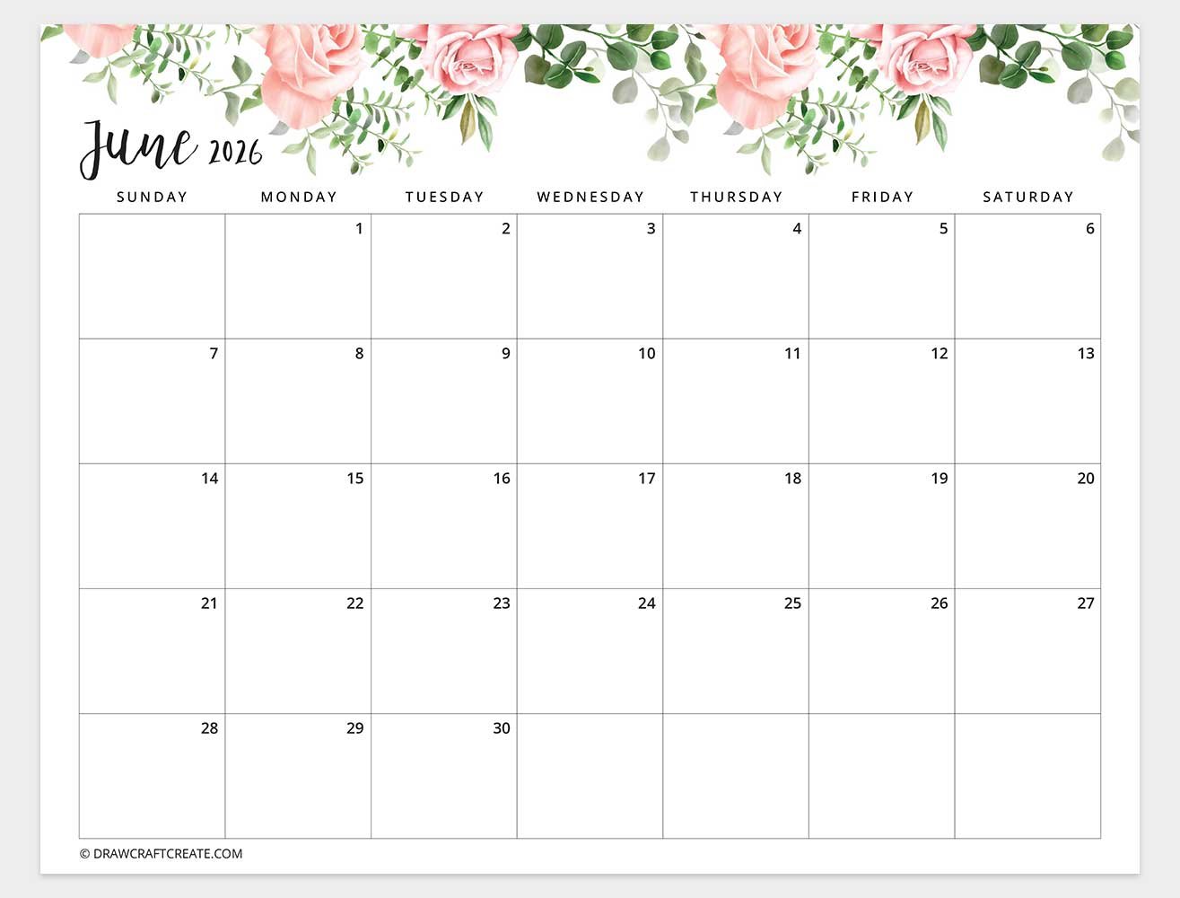printable june 2026 calendar template