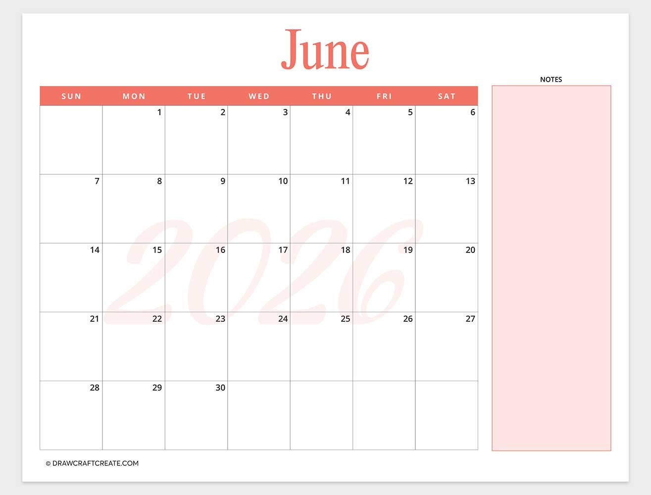 printable june 2026 calendar template
