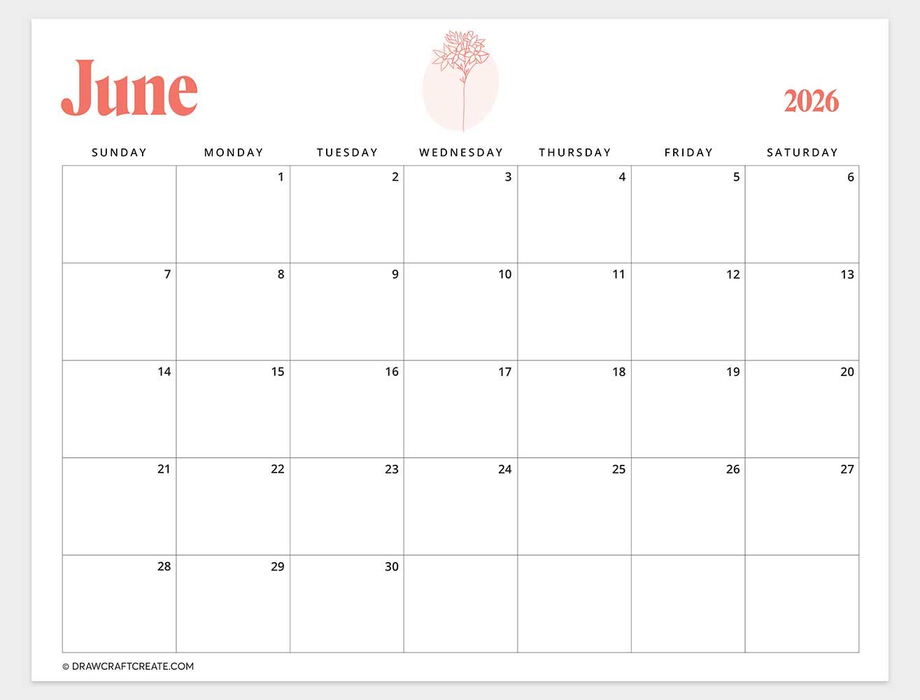 printable june 2026 calendar template