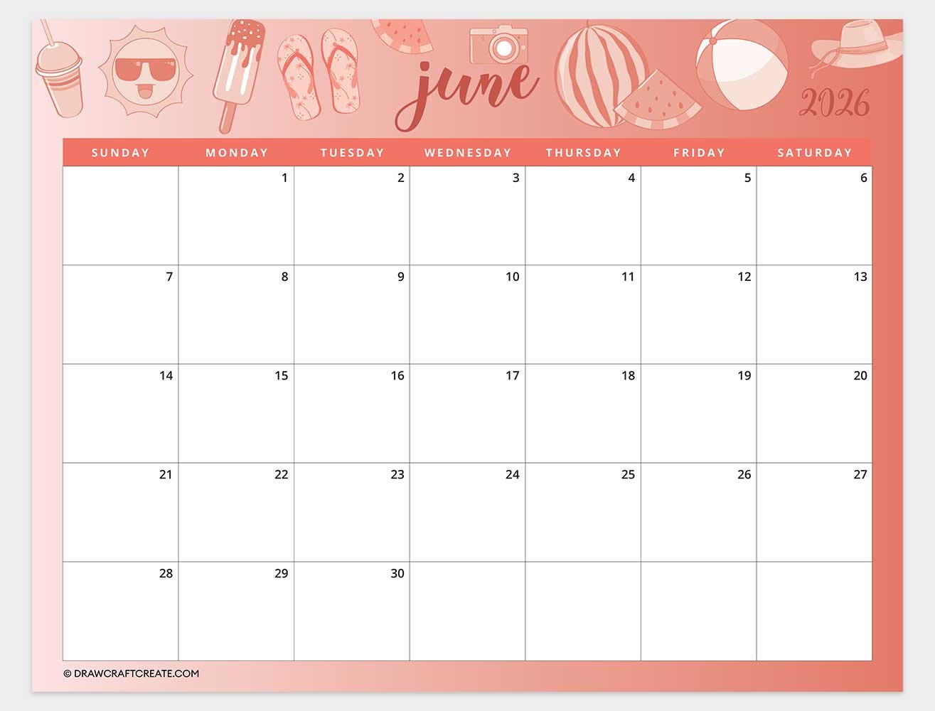 printable june 2026 calendar template