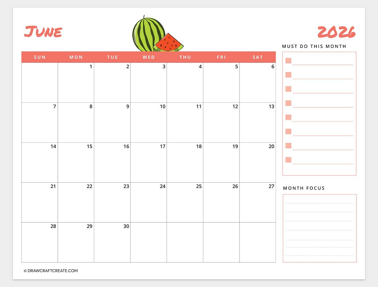 printable june 2026 calendar template