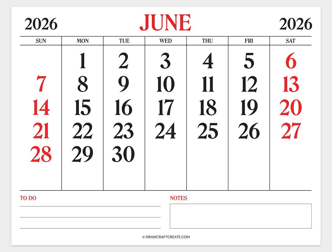 printable june 2026 calendar template