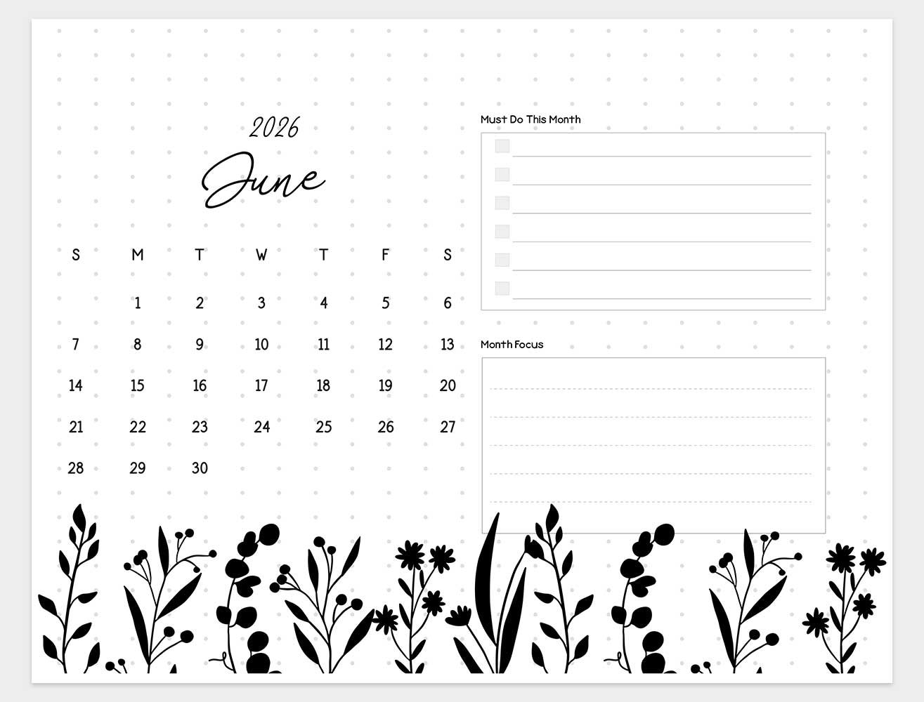 printable june 2026 calendar template