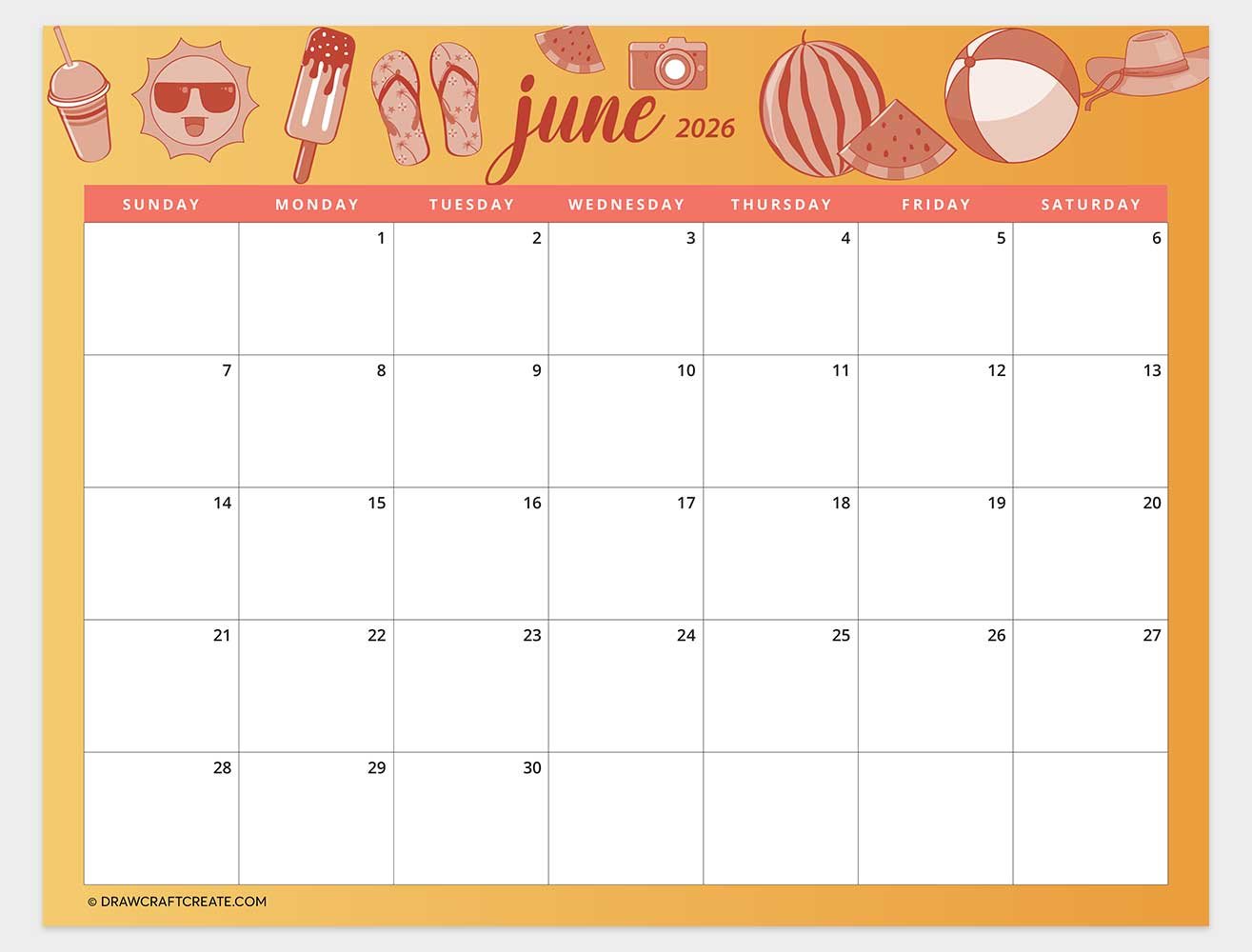 printable june 2026 calendar template