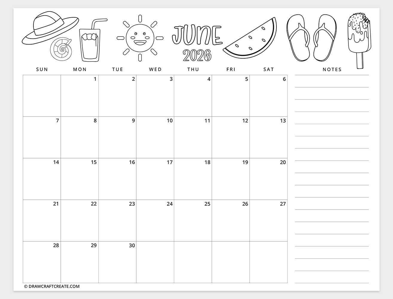 printable june 2026 calendar template