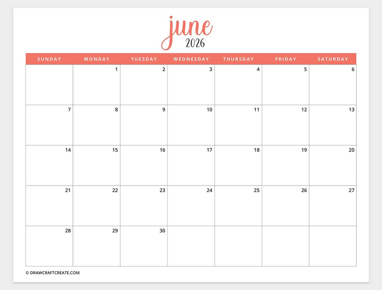 printable june 2026 calendar template
