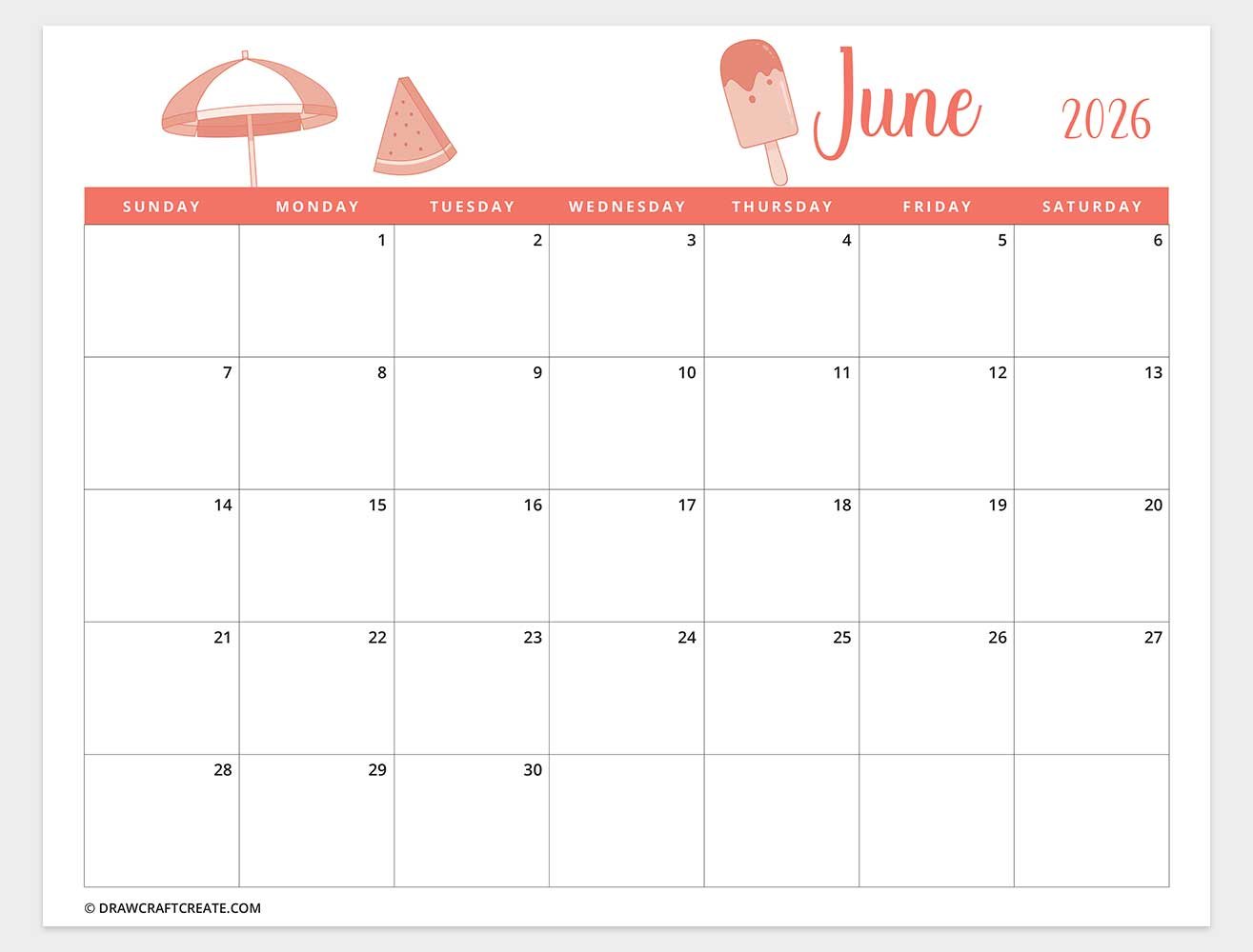 printable june 2026 calendar template