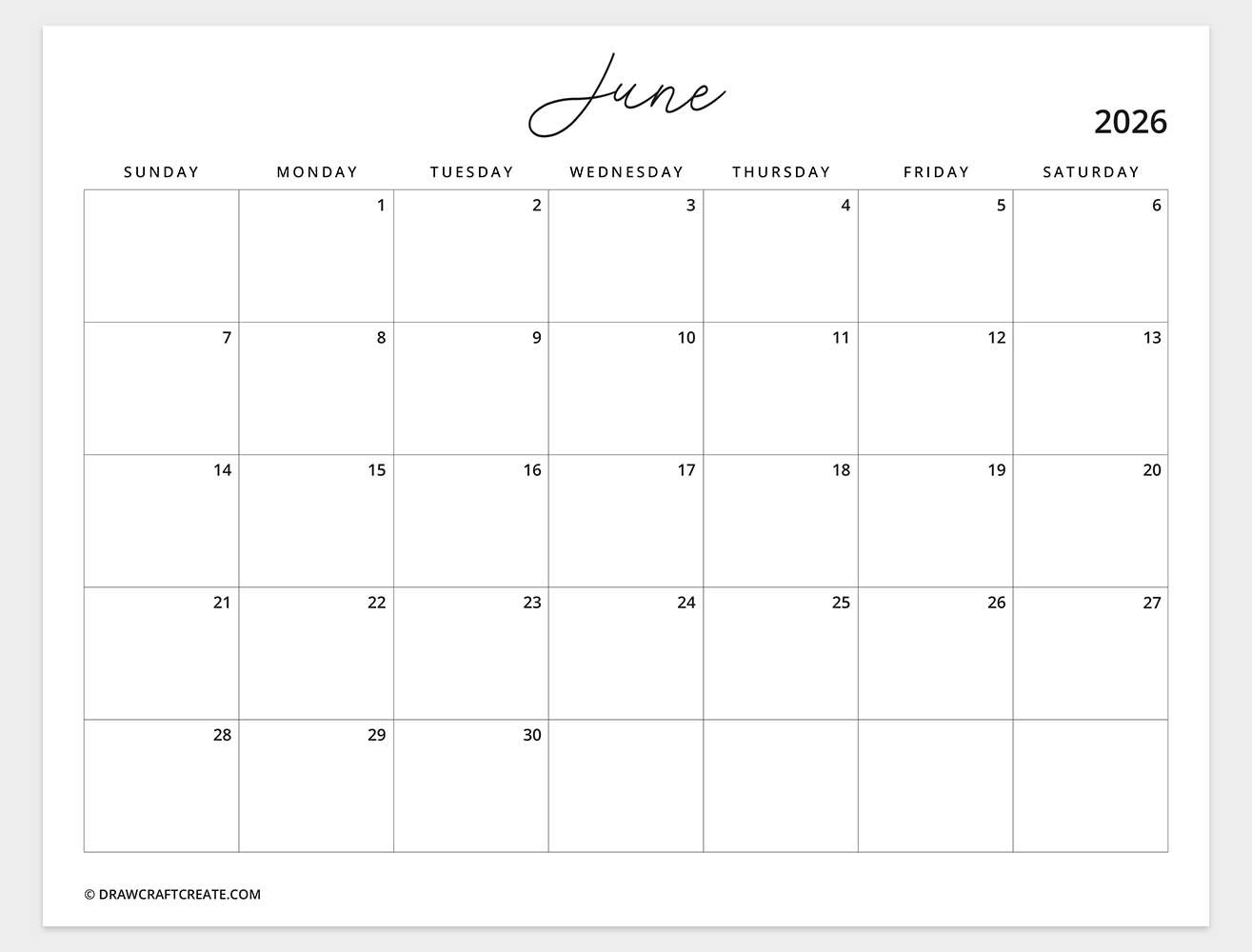 printable june 2026 calendar template