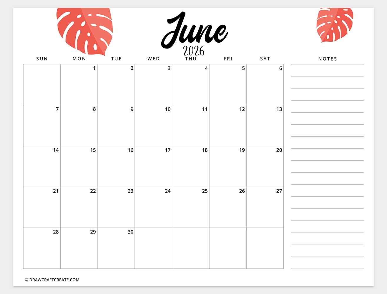 printable june 2026 calendar template