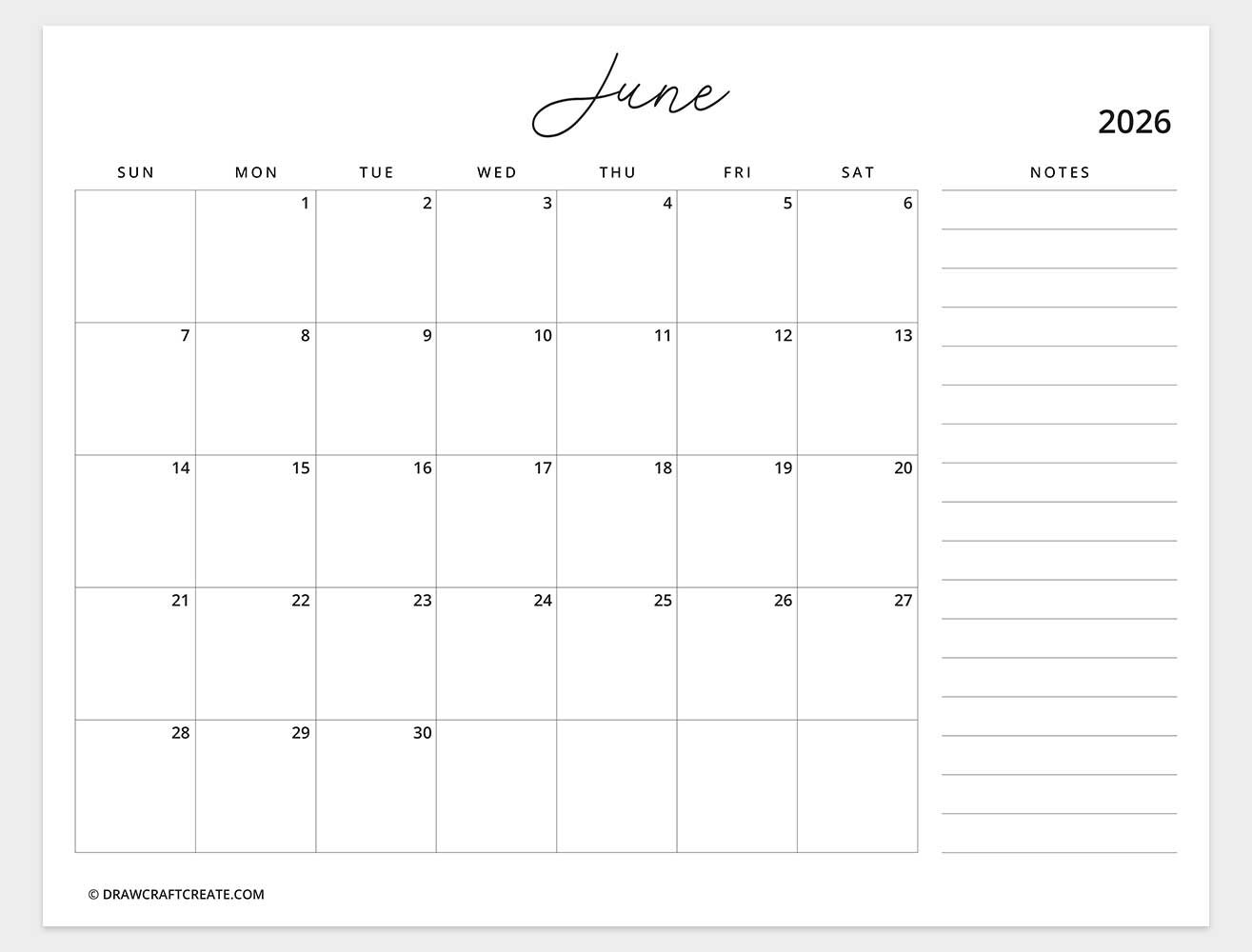 printable june 2026 calendar template