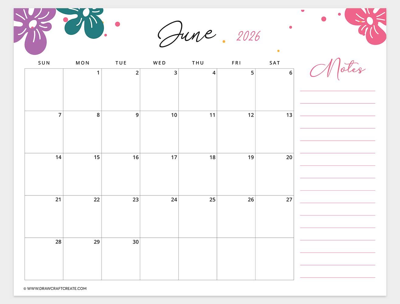 printable june 2026 calendar template