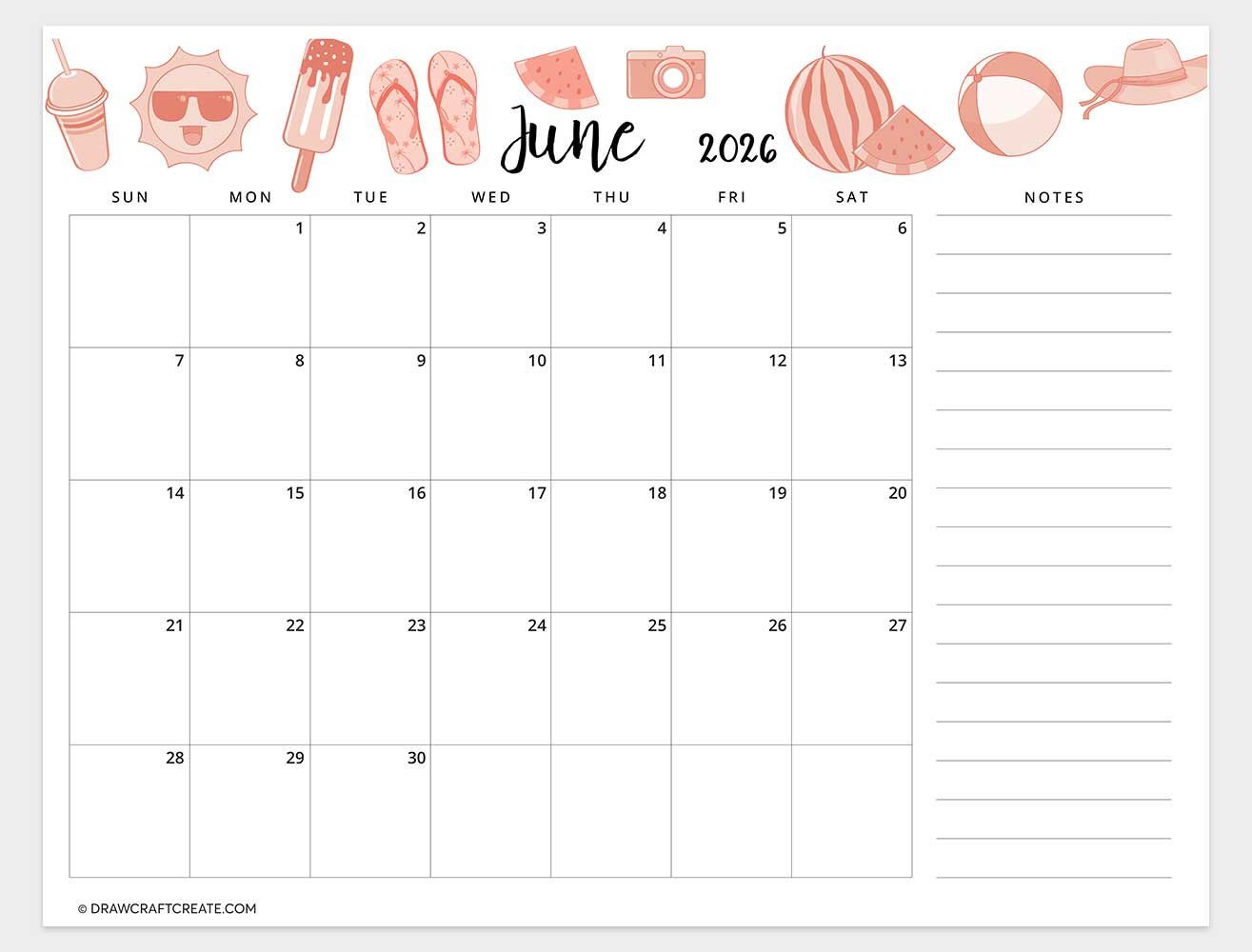 printable june 2026 calendar template