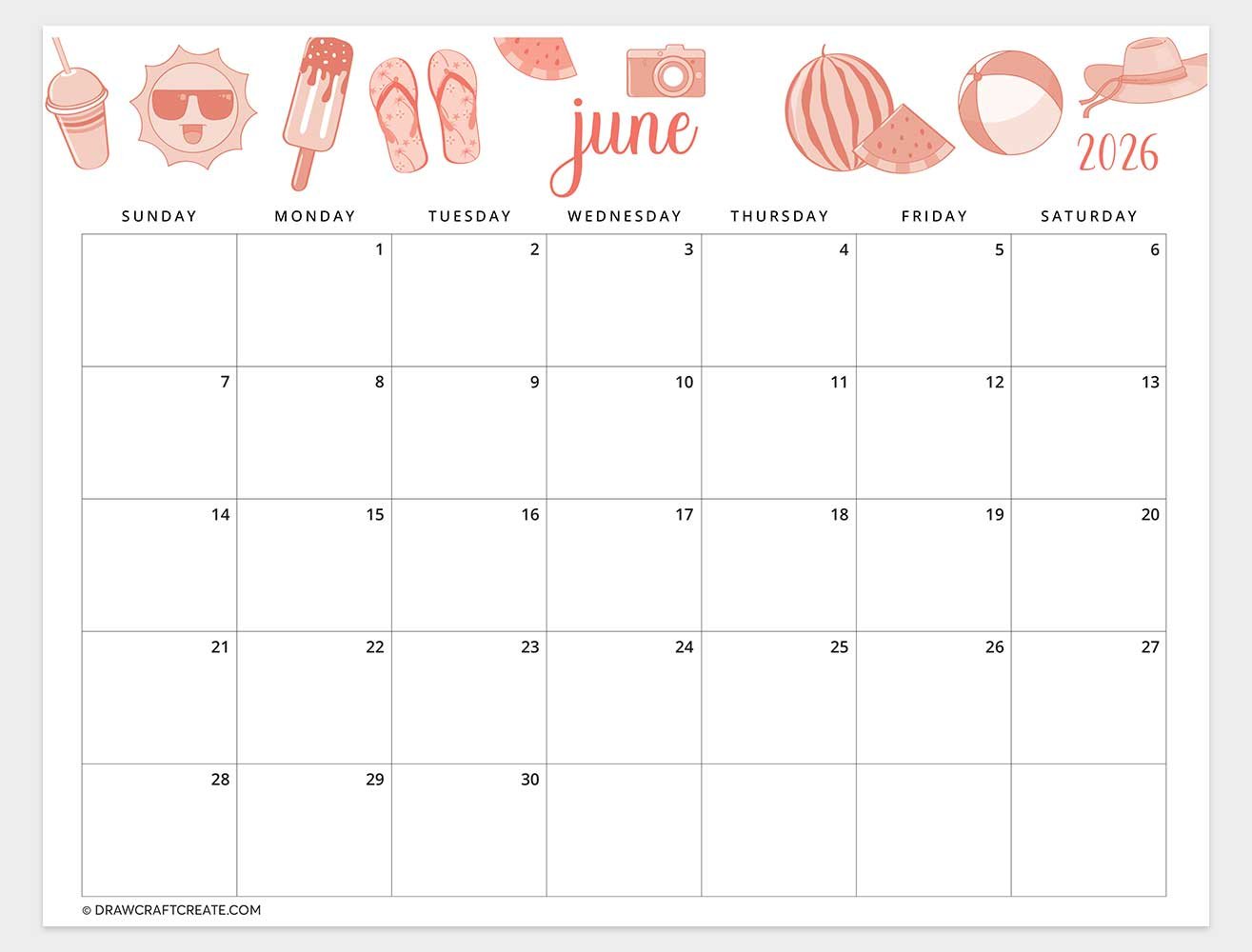 printable june 2026 calendar template