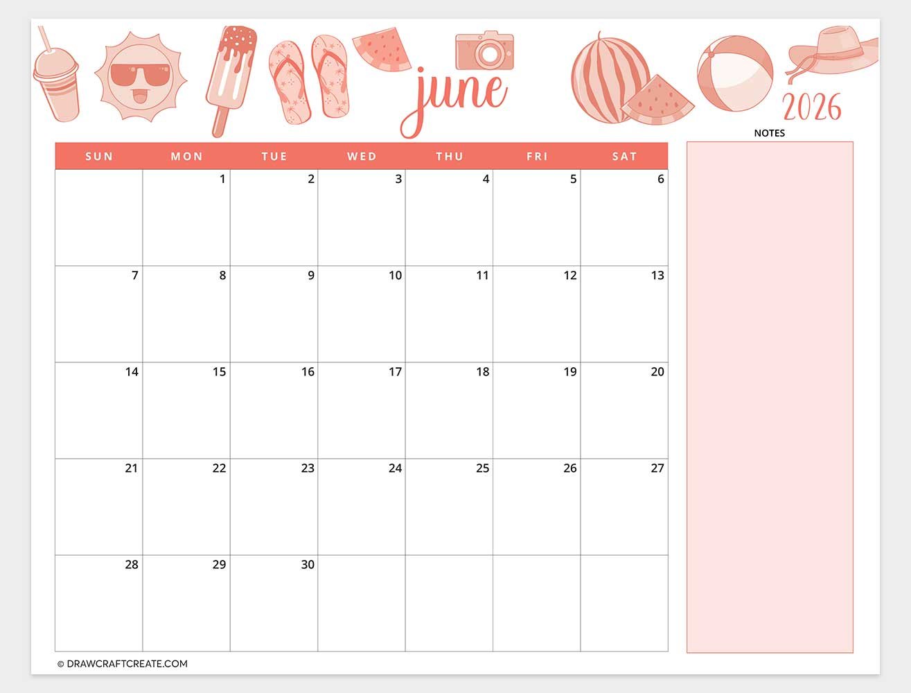 printable june 2026 calendar template