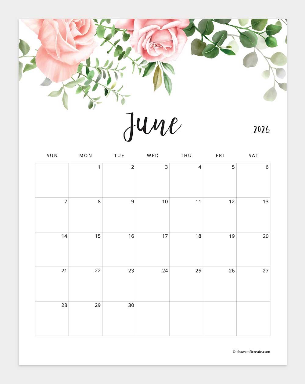 printable june 2026 calendar template