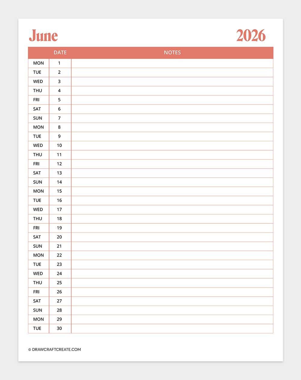 printable june 2026 calendar template