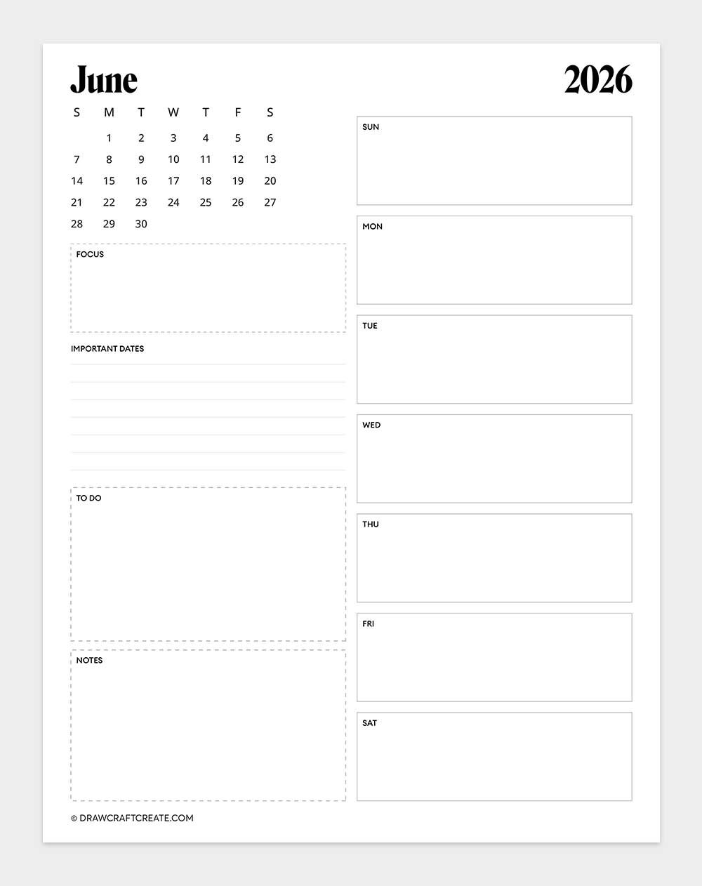 printable june 2026 calendar template