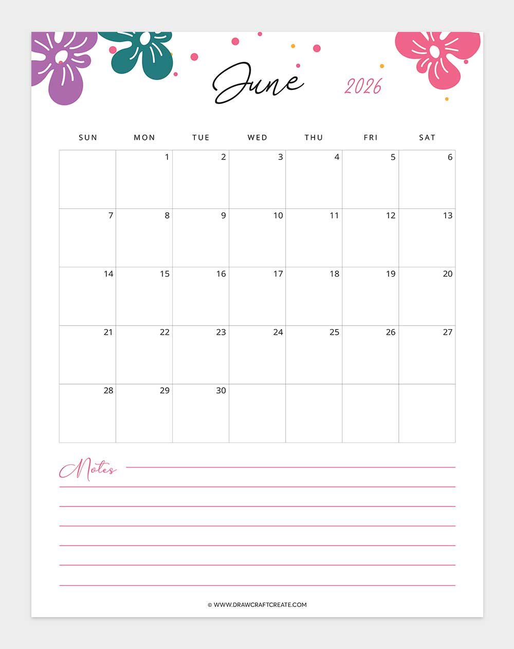 printable june 2026 calendar template