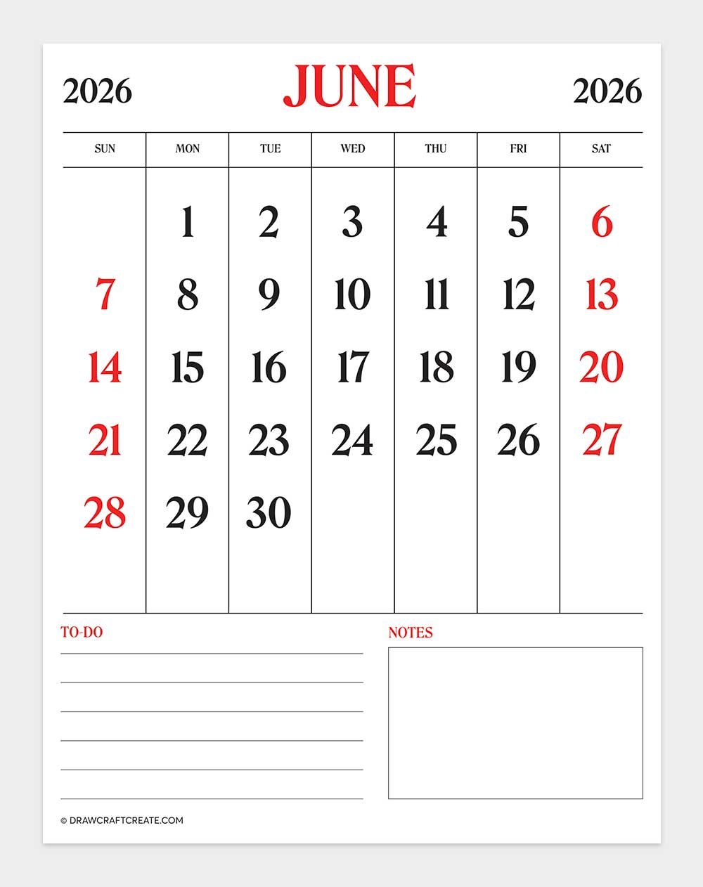 printable june 2026 calendar template