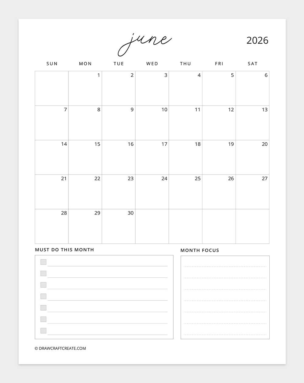 printable june 2026 calendar template