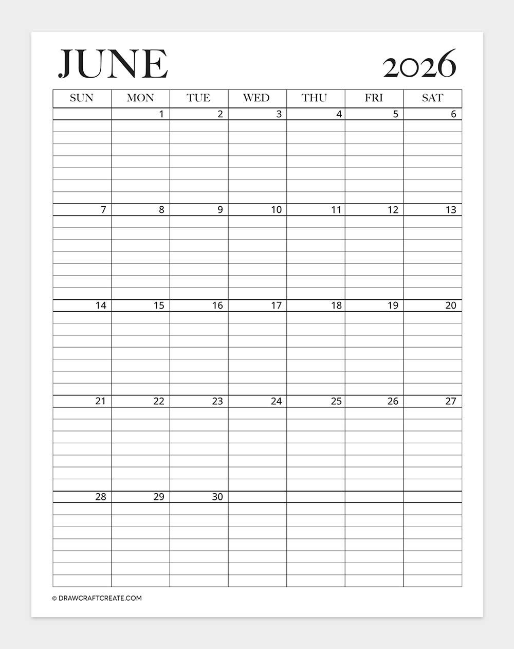 printable june 2026 calendar template