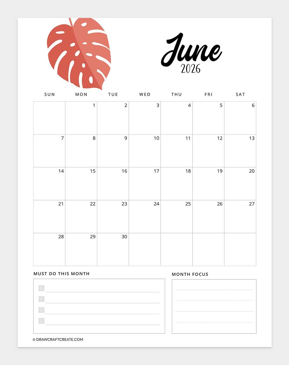 printable june 2026 calendar template