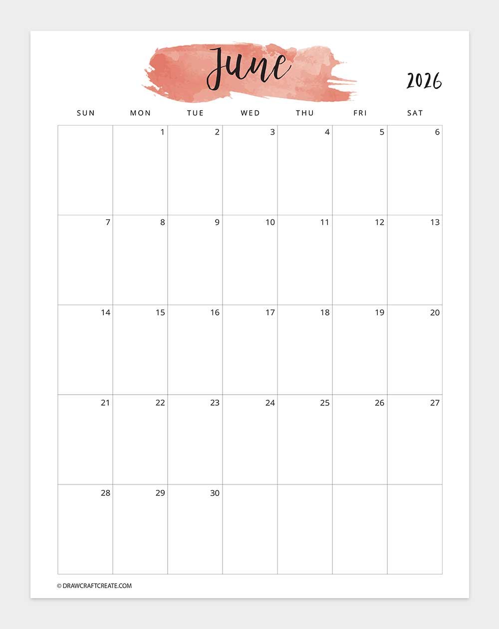 printable june 2026 calendar template
