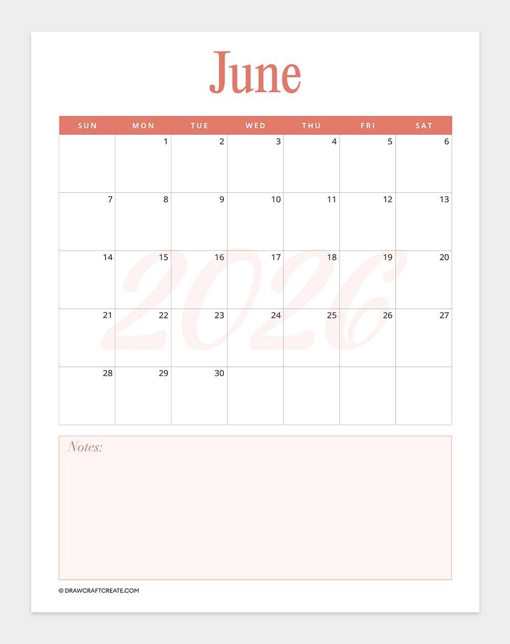printable june 2026 calendar template
