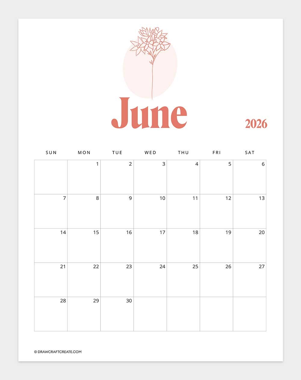 printable june 2026 calendar template