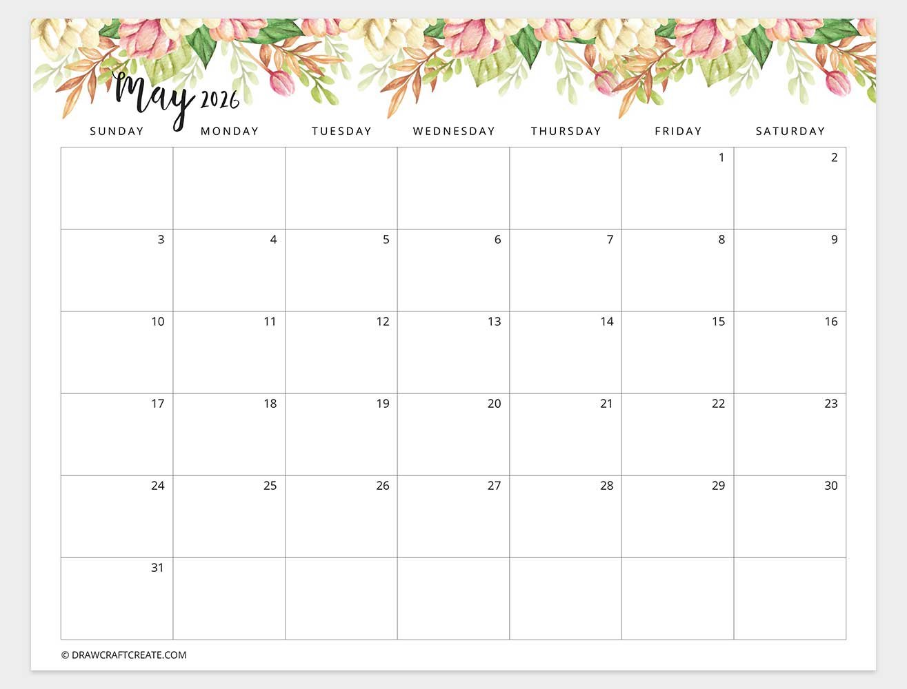 printable may 2026 calendar template