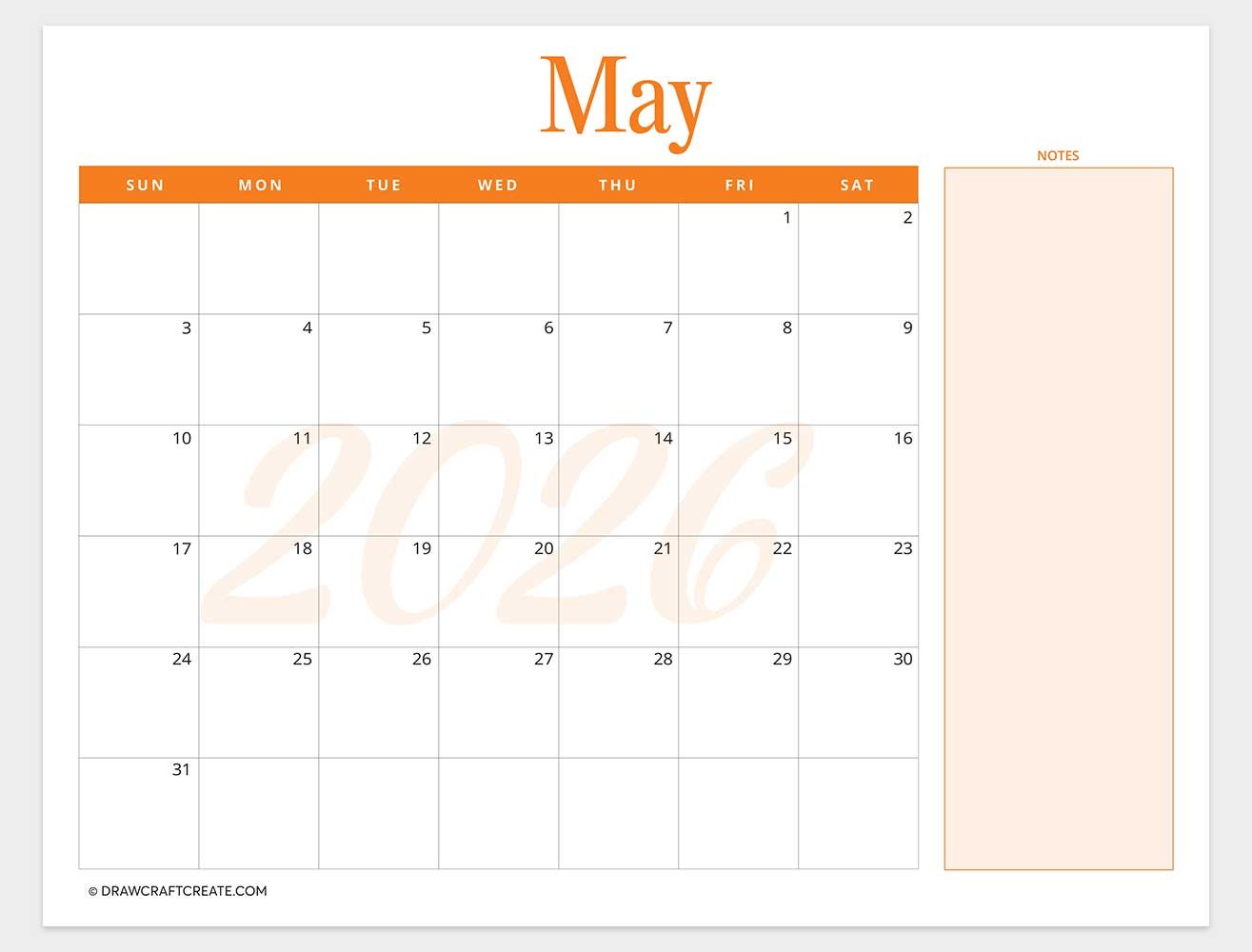 printable may 2026 calendar template