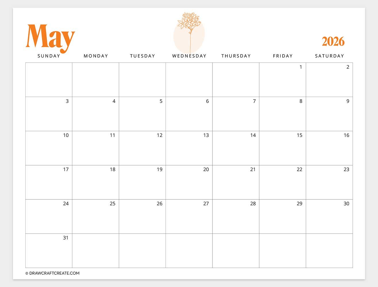 printable may 2026 calendar template