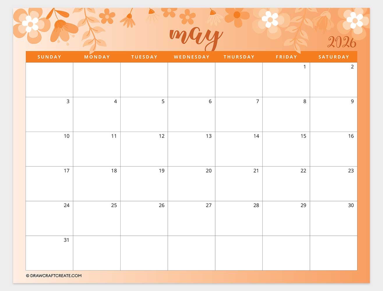 printable may 2026 calendar template