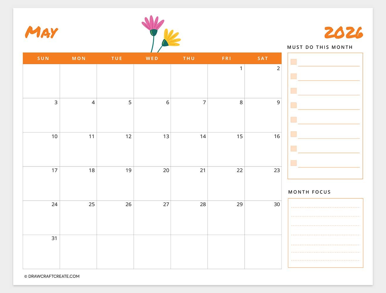 printable may 2026 calendar template