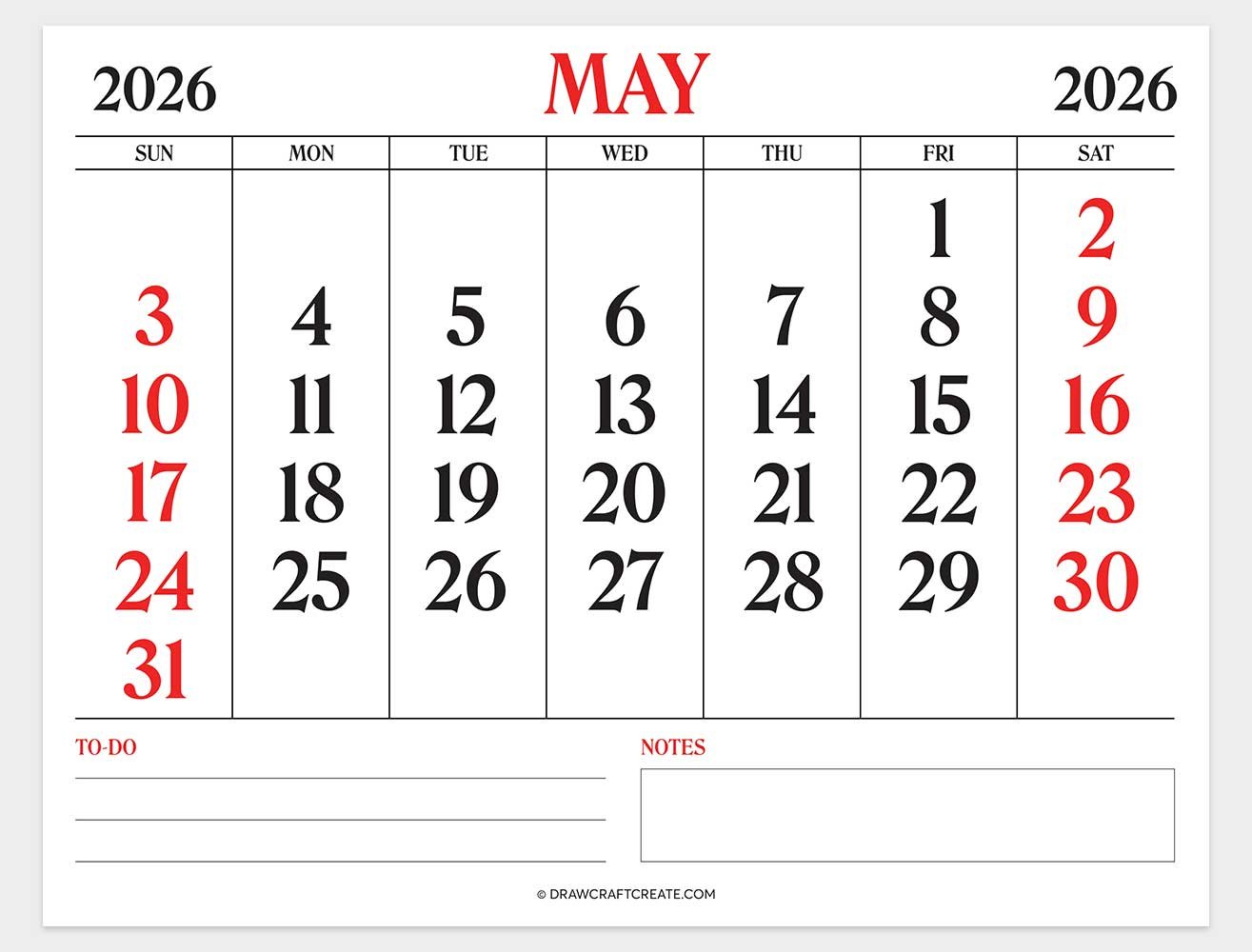 printable may 2026 calendar template