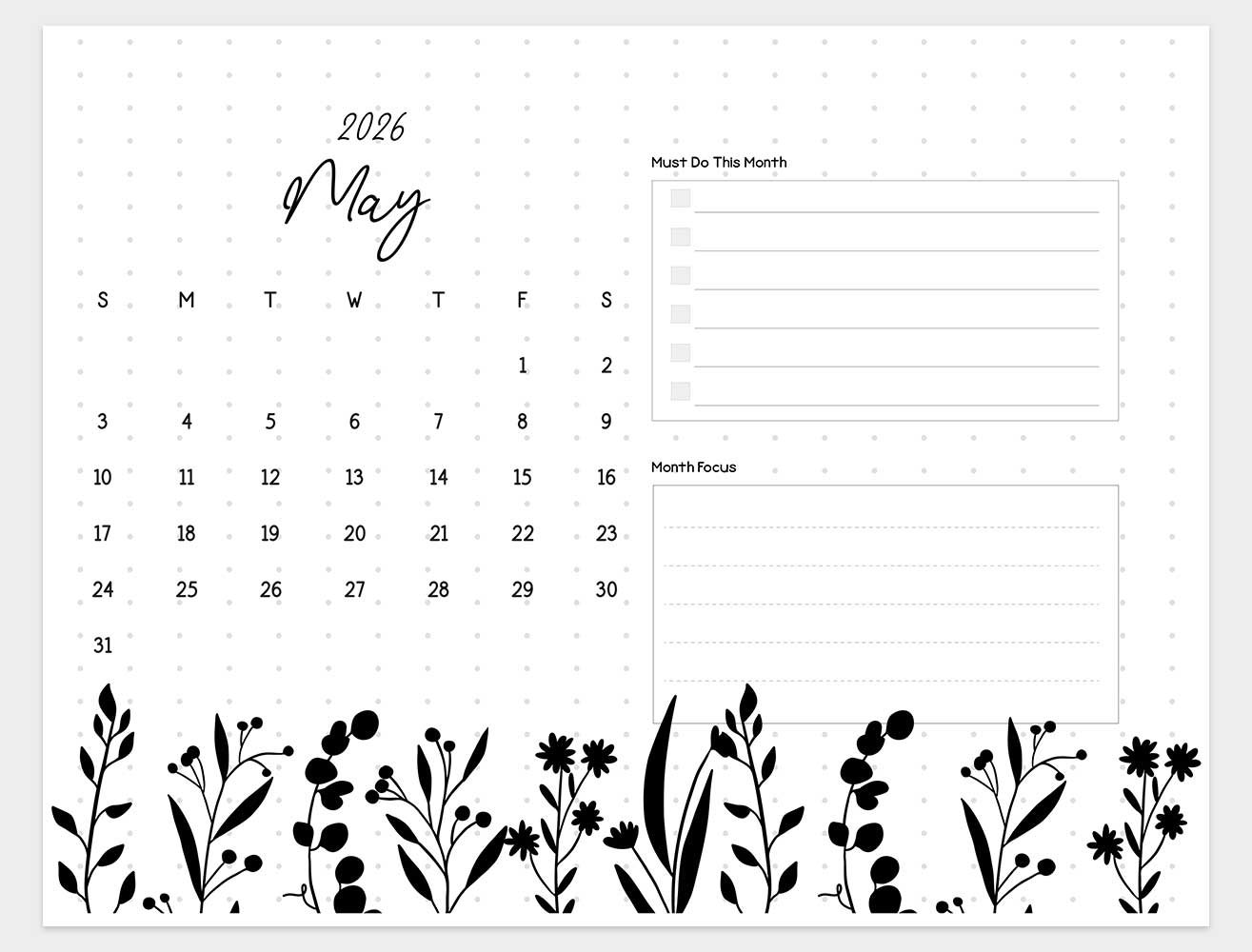 printable may 2026 calendar template