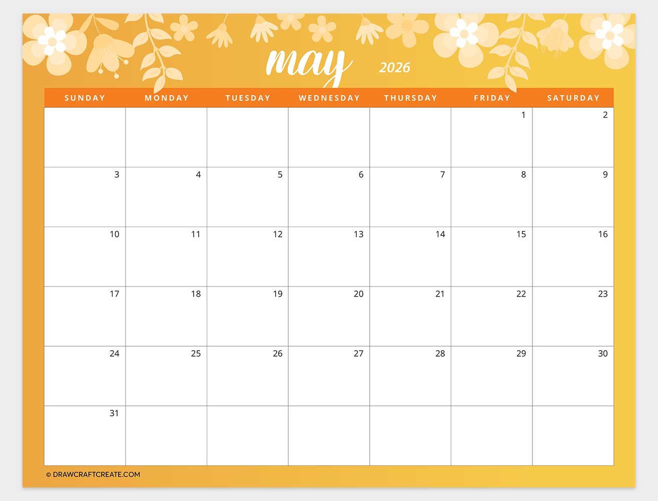 printable may 2026 calendar template