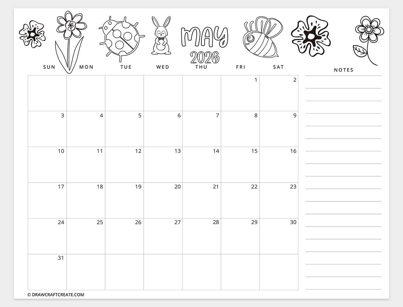 printable may 2026 calendar template
