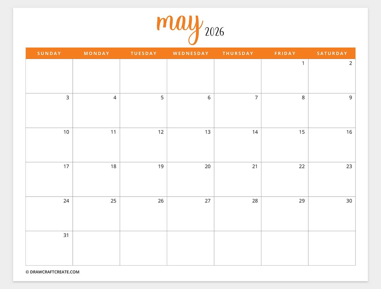 printable may 2026 calendar template
