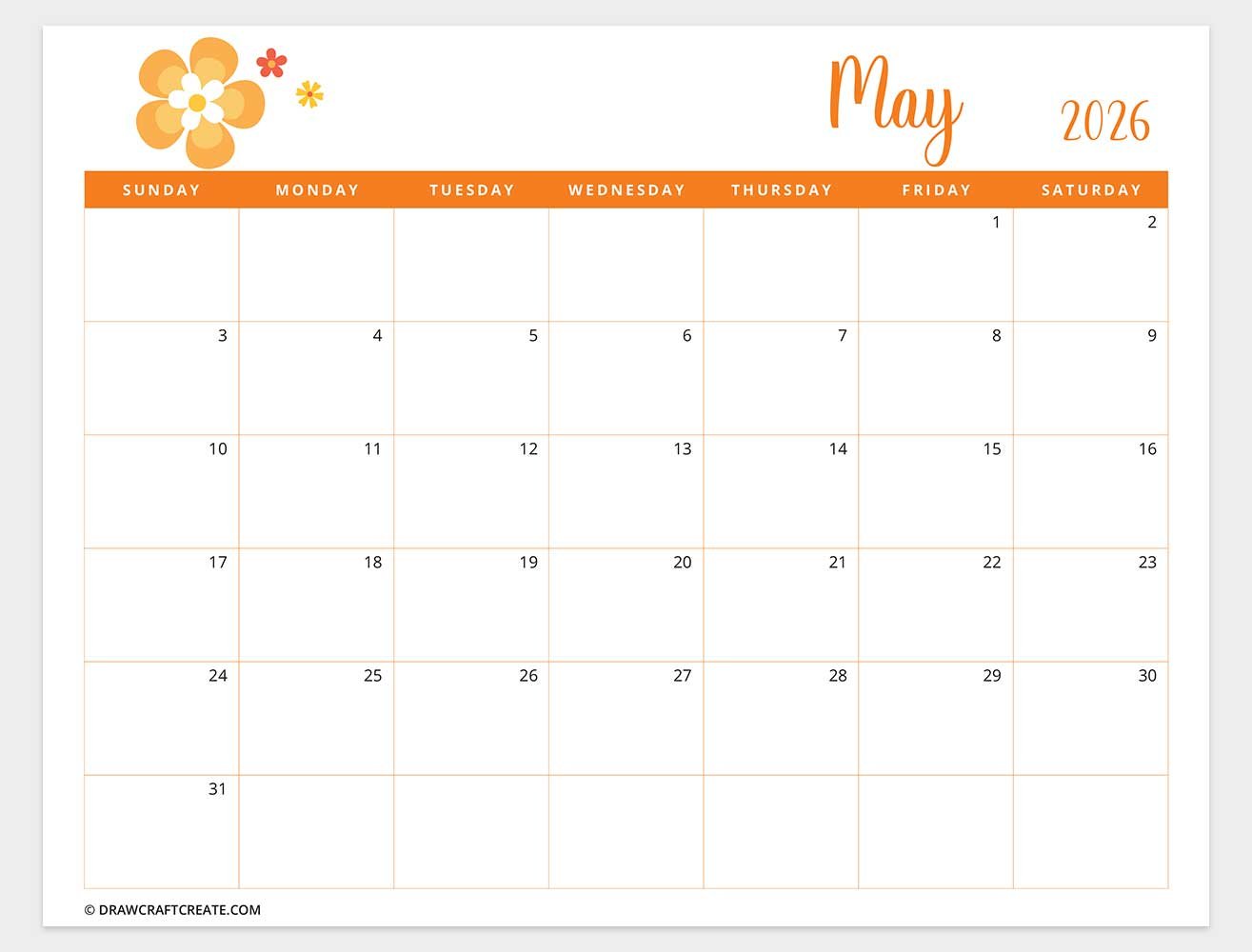 printable may 2026 calendar template