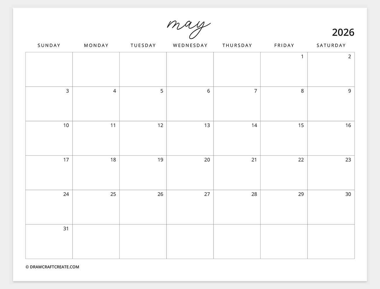 printable may 2026 calendar template
