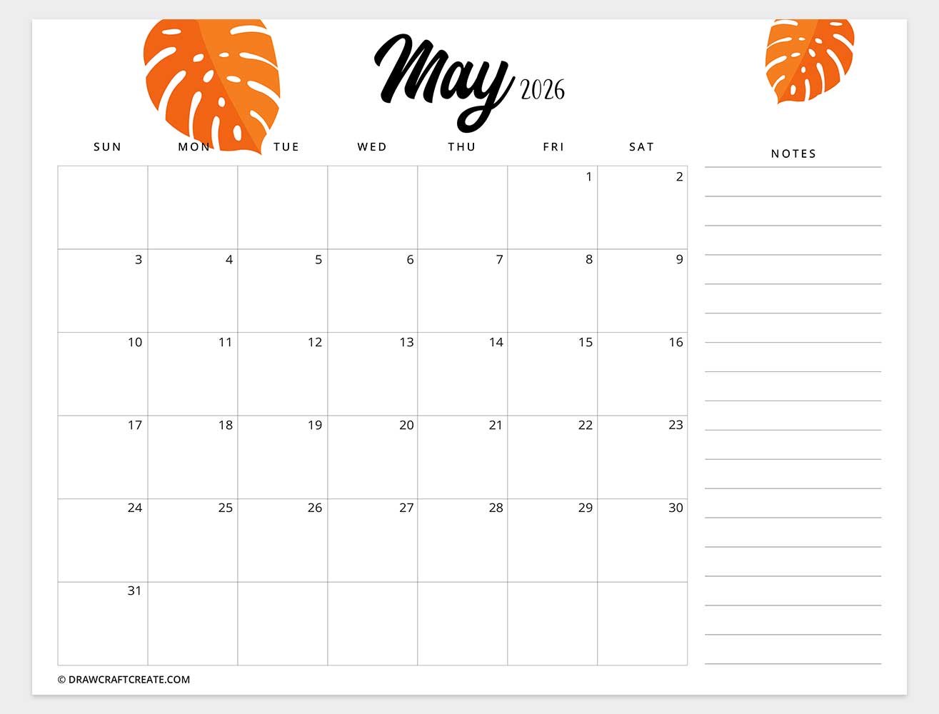 printable may 2026 calendar template