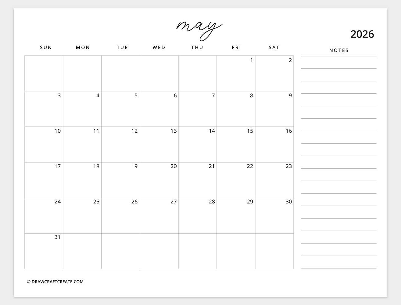 printable may 2026 calendar template