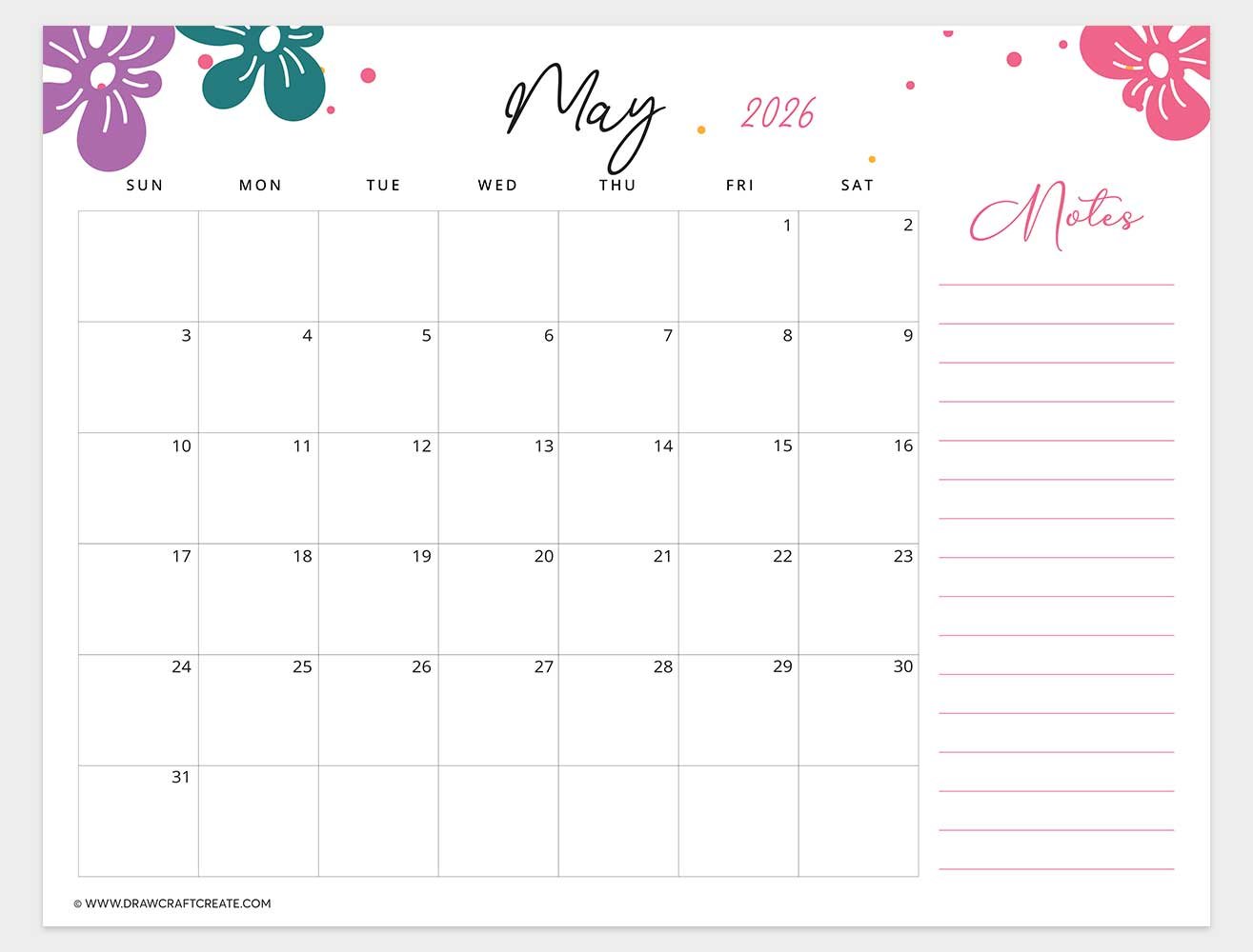 printable may 2026 calendar template