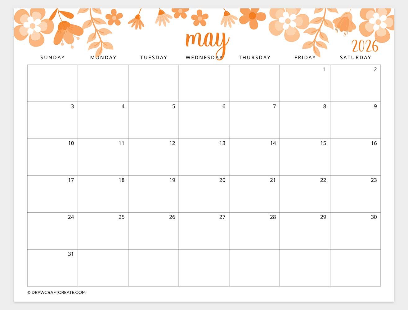 printable may 2026 calendar template