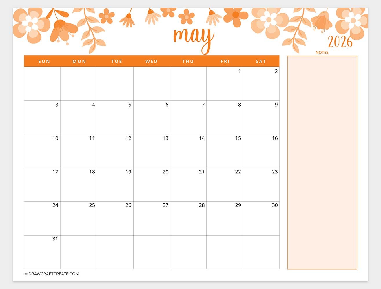 printable may 2026 calendar template