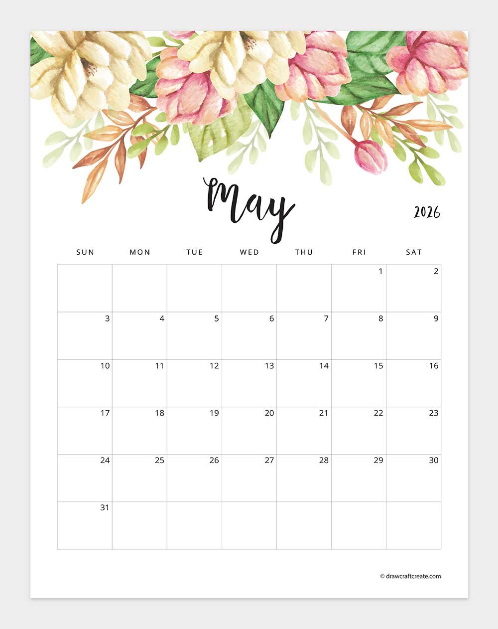 printable may 2026 calendar template